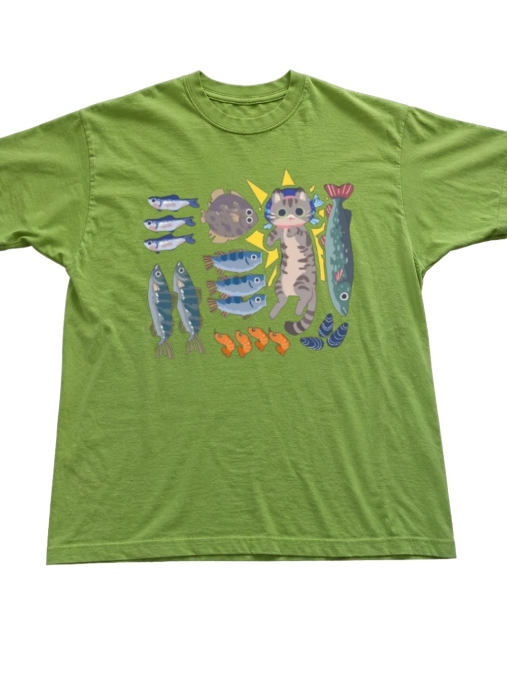 Green Cat & Fish Graphic Tee by